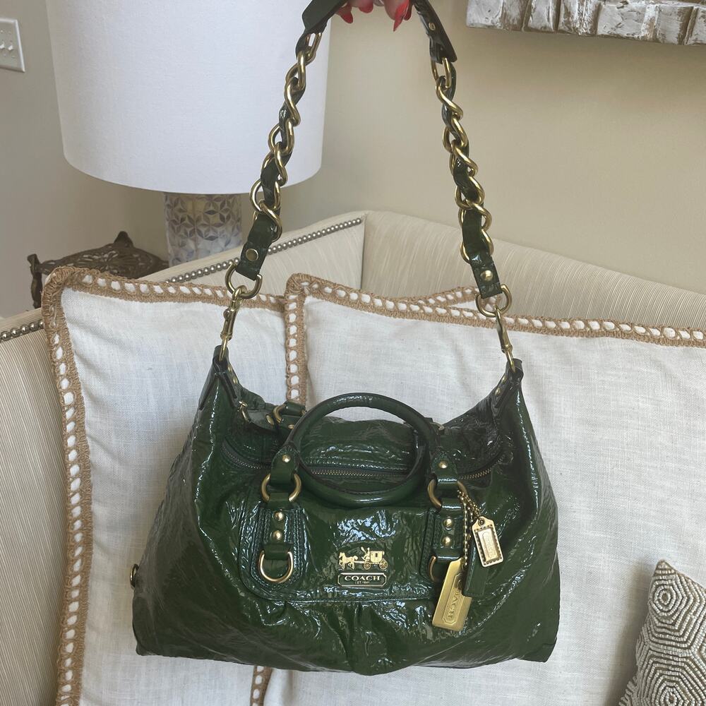 Coach Madison Sabrina Satchel 12948 | Forest Green Crinkle Patent Leather, Rare - Picture 3 of 9